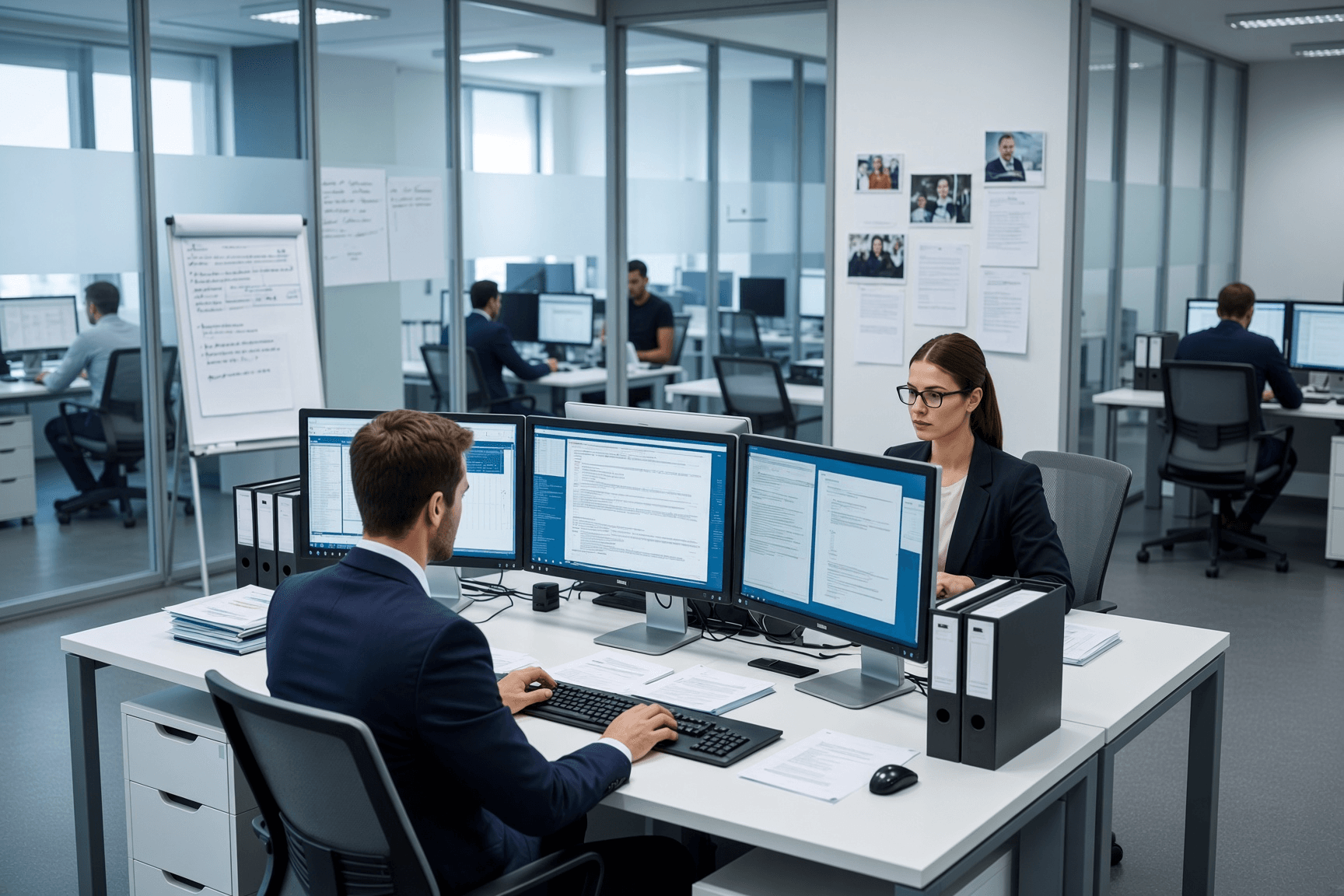 Two colleagues working at a shared desk in an open-plan office