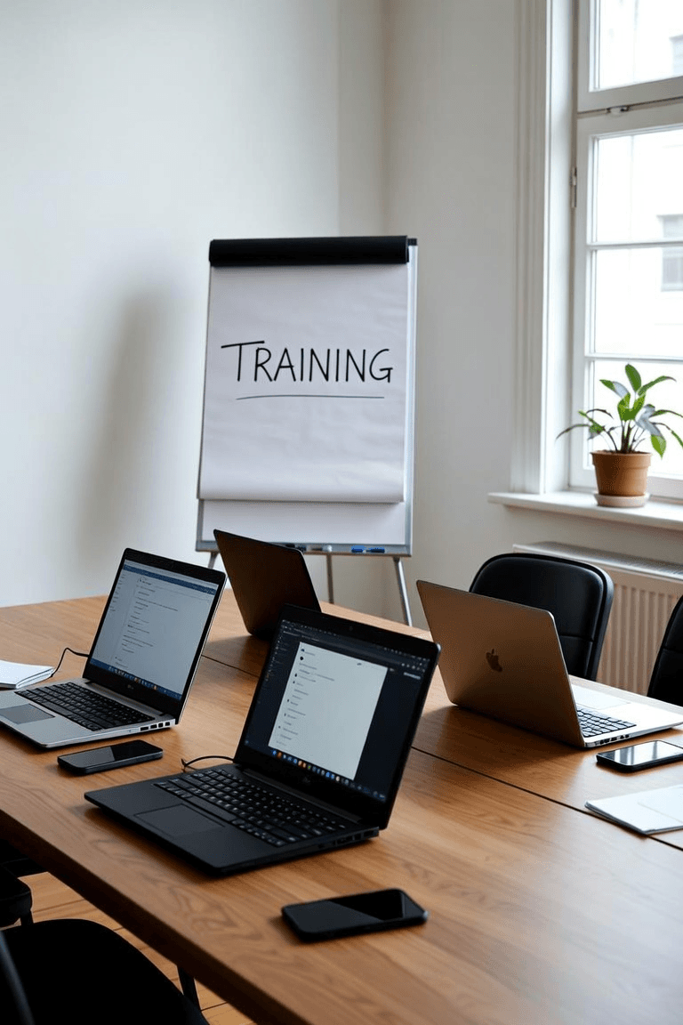 A meeting room set up for training, laptops on the table and a flip chart at the head of it